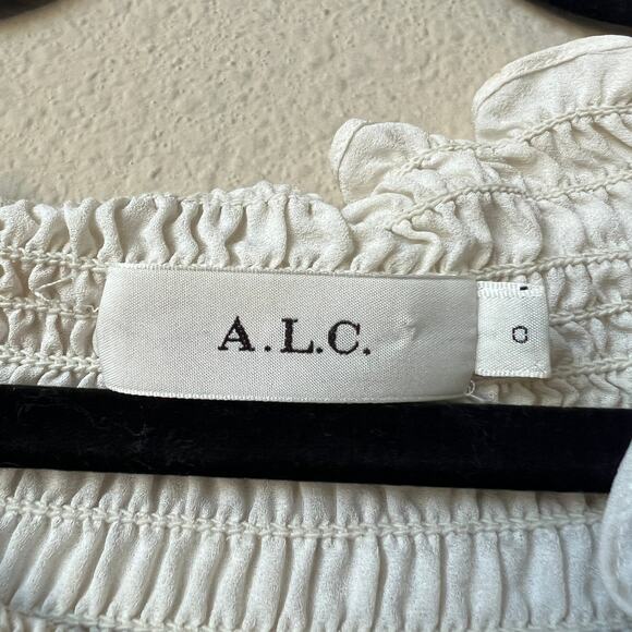 A.L.C. Ivory Silk Smocked Ruffle Mini Dress Size 0 - Picture 4 of 6